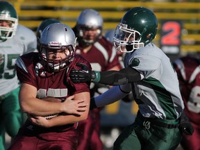 The Kingston Area AAA senior boys football champion Frontenac Falcons play Brockville's Thousand Islands Pirates in the Eastern Ontario final Tuesday in Brockville. (Elliot Ferguson/The Whig-Standard)