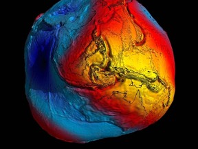 A handout photo received from the European Space Agency (ESA) March 31, 2011, shows a computer model created by the ESA's gravity mapping satellite, Gravity and Ocean Circulation Explorer (GOCE) mission, of how the pull of gravity varies minutely over the surface of the Earth, from deep ocean trenches to majestic mountain ranges. REUTERS/ESA/HPF/DLR/Handout