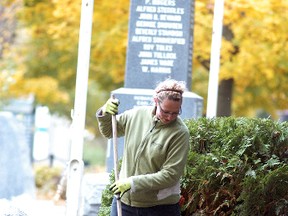 Julie Van Damme cleans up the area around Wallaceburg's cenotaph on Nov. 1. Both All Seasons Nursery and Flowers and Chatham-Kent Tree Care teamed up to give the area around the cenotaph a spruce up and a major trimming.