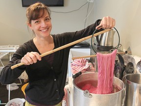 Meriel Taylor, showing how she dyes a blend of merino wool and silk in a dye made of beetles, is opening up a new yarn shop in Portsmouth Village this weekend.
Michael Lea The Whig-Standard
