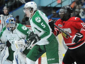 Jeff Corbett (5) is one of several defencemen out of the Sudbury Wolves lineup right now. GINO DONATO/THE SUDBURY STAR