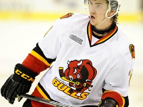 Garrett Hooey of the Belleville Bulls was second star in a 6-5 shootout loss Sunday at Oshawa. (AARON BELL/OHL Images)