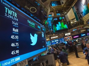 The Twitter logo is displayed on the floor of the New York Stock Exchange, Nov. 8, 2013.  REUTERS/Brendan McDermid
