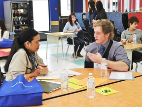 Dylan Opsal, Grade 11, is interviewed by Ingrid Torres, from Tim Horton’s as part of a unique job fair at St. Joseph School on Tuesday, Nov. 5.
Barry Kerton | Whitecourt Star