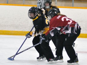 Katelyn Ludington (left) of the Mitchell U19 ringette team breaks away from Seaforth’s Jessie Hennessey during WRRL action in Mitchell last Thursday, Nov. 7. The Stingers rallied from a 3-1 deficit to win, 5-3. ANDY BADER/MITCHELL ADVOCATE