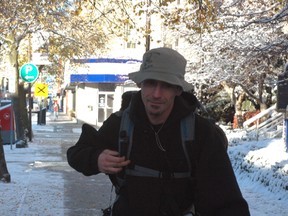 Jason McComb departs St. Thomas city hall shortly after 8:30 a.m. on Tuesday on his walk to Ottawa.