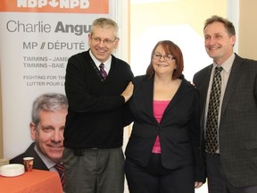 Timmins-James Bay MP Charlie Angus, NDP Constituency Assistant Lise Beaulne and Timiskaming-Cochrane MPP John Vanthof at the grand opening of their new Cochrane office at 143 3rd St.