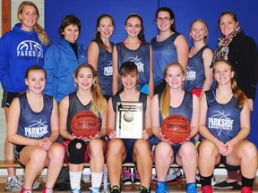 Parkside Stampeders defeated the East Elgin Eagles 30-16 for the TVRA South East junior basketball championship. Members of the team, from left, are: front - Shae-Lynn Nielson, Emily Deven, Kristen Roe, Chloe Cernanec, Megan Silverthorn; back - coach Tara Collier, coach Ann Howard, Nadia Cartwright, Ally Carr, Riley Lynch, Haley Summers, coach Lisa Maunu. Absent are Callista Tryon, Teah Burke.  (R. MARK BUTTERWICK, Times-Journal)