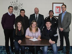 Back (l-r): John Stringer from Aramark, Dwight Sutherland TTN Chief, Mayor Peter Politis, Bruce Archibald TTN Councillor and Ryan Schonauer from Aramark. Front (l-r): Emily Lamarche, Tina Gagnon and Stephane Lamarche. The group gathered for lunch and to finalize the partnership between Gagnon's business Cree Quest and Aramark at Terry's Steakhouse last Wednesday.