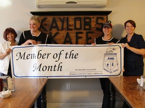 Laura Labelle (far left) and Julia Martin (far right) presenting the Board of Trade's 'Member of the Month' to Holly Chapleau, Kaylob's employee, and Sharlon Prevost, owner of Kaylob's Kafe.