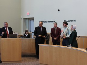 Zorra farmers Joe and Mary Coblentz were presented with the 2013 Stewardship Award for their conservation efforts Wednesday morning. From left Warden Don McKay, CAO Peter Crockett, planner God Hough and Joe and Mary Coblenz. (HEATHER RIVERS, Sentinel-Review)