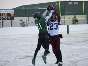 Panthers receiver Colby Miller (21) somehow wrestled this jump ball away from a Warriors defensive back, then sprinted past him and his safety help for the Panthers’ first score of the game. The touchdown gave the Panthers some momentum late in the first half of their semifinal loss to Henry Wise Wood at Foote Field on Nov. 9. - Thomas Miller, Reporter/Examiner