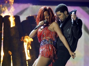 Drake and Rihanna perform 'What's My Name' at the 53rd annual Grammy Awards in Los Angeles on Feb. 13, 2011. (Lucy Nicholson/Reuters)