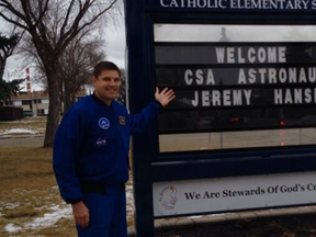 Twitter: Jeremy R. Hansen ‏@Astro_Jeremy — Just arrived at St. Jerome to speak with gr. 3-6 students. Shout out to the ECSB schools joining virtually!