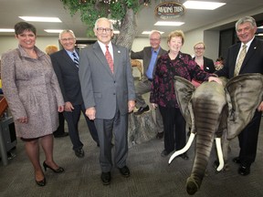 From left, Lisa Miettinen, CEO/Chief Librarian Oxford County Library; Oxford MPP Ernie Hardeman, Mayor John Lessif, Ontario Trillium Foundation representative Bob McFarland, Chair of the Oxford Board Margaret Lupton, Branch Supervisor Sydnie Lane, and Oxford MP Dave MacKenzie were on hand to celebrate the grand opening of the renovated Tillsonburg Public Library Thursday evening. Jeff Tribe/Tillsonburg News