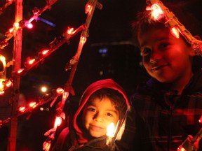 Brothers Jaden (left) and Riley Cadotte play in one of the light displays at the 29th annual Celebration of Lights in Sarnia's Centennial Park. (MELANIE ANDERSON, The Observer)