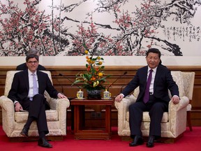 U.S. Treasury Secretary Jack Lew, left, attends a meeting with Chinese President Xi Jinping at the Diaoyutai State Guesthouse in Beijing. Relations between China and the West have been molded by the past. 
QMI AGENCY/REUTERS/Andy Wong