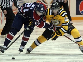 Sarnia Sting forward Bryan Moore (right) and Saginaw Spirit forward Jimmy Lodge battle for a loose puck during the second period of their game in Sarnia on Friday night. Moore had a goal and an assist in Sarnia's 5-3 win. (SHAUN BISSON, The Observer)
