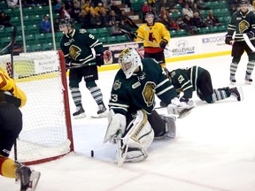 The Belleville Bulls score a goal late in the third period Saturday. The London Knights beat Belleville 6-3 in OHL action Saturday, Nov. 16, at the Yardmen Arena in Belleville.  
EMILY MOUNTNEY/THE INTELLIGENCER/QMI AGENCY