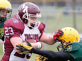 The Moira Trojans, shown in action in this year's Bay of Quinte final against Centennial, return to the National Capital Bowl final Saturday at MAS Park. Trojans will look for the repeat after capturing last year's title. (JEROME LESSARD/The Intelligencer)