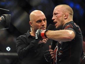 Georges St. Pierre is interviewed by Joe Rogan after his welterweight championship bout against Johny Hendricks during UFC 167 in Las Vegas on Saturday, Nov. 16, 2013. (Stephen R. Sylvanie/USA TODAY Sports)