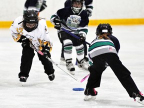 Emma Lincoln (42) of the Mitchell U10 ringette team reaches for the ring with this London opponent during Western Region action last Thursday, Nov. 14 in Mitchell. The local Stingers fell behind 5-0 but rallied to 5-3 before losing, 7-3. ANDY BADER/MITCHELL ADVOCATE