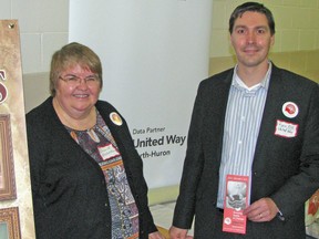 Bonnie Henderson (left), president of the Perth County Municipal Association and Ryan Erb; Executive Director of the Perth-Huron United Way, took part in Municipal Day on Wednesday, Nov. 13 at the Mitchell & District Community Centre.  KRISTINE JEAN/MITCHELL ADVOCATE