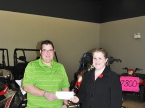 Trailblazers, vice-president Aaron Munro presents a ceremonial cheque to Beth Johnson on Tuesday, Nov. 6 at Adrenaline Power Sports. Athough Johnson, was awarded the scholarship in August, this was the first time Johnson was able to make it back to Whitecourt because of her class schedule.
Barry Kerton | Whitecourt Star