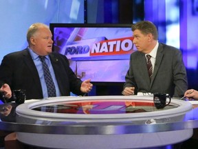 Mayor Rob Ford speaks to Joe Warmington during the first Ford Nation show aired on Sun News Network Monday, Nov. 18, 2013. (Dave Thomas/Toronto Sun)