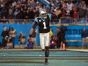 Panthers QB Cam Newton celebrates after throwing a touchdown pass during the fourth quarter against the Patriots on Monday, Nov. 18, 2013. (Jeremy Brevard/USA TODAY Sports)