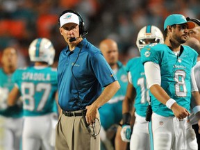 Miami Dolphins coach Joe Philbin looks on from the sideline during the second quarter against the Cincinnati Bengals at Sun Life Stadium. (Steve Mitchell/USA TODAY Sports)