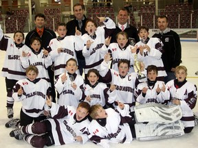 The Tillsonburg Hogarth Insurance AE Atoms celebrate victory in their home Bob Tansley Memorial Tournament Sunday, inside the Kinsmen/Memorial Arena. Jeff Tribe/Tillsonburg News