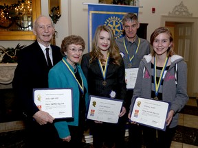 Cataraqui-Kingston Rotary Club Paul Harris Fellow winners gather after an awards ceremony in Kingston on Tuesday  November 19  2013. Award winners, from left, Dr. David McLay and Ros Malcolm of the Helen Tufts Child Outreach Program, Jessica Pemberton, McKenna Modler and Al Cantlay. Ian MacAlpine The Whig-Standard