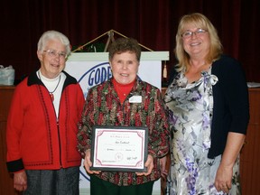 The Goderich and District Horticultural Society handed out life memberships awards at its annual general meeting on Nov. 19. Here (left to right) are award recipients Flora Hesk and Barb Zoethout along with president Vicky Culbert. Absent is Dorothy Feagan. (DAVE FLAHERTY/GODERICH SIGNAL-STAR)