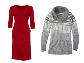 Le Chateau machine-washable shift dress ($138.95, lechateau.com) and Reitmans machine-washable sweater ($46, reitmans.com).