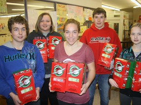 Courtland Public School’s student council highlighted a student initiative for Operation Christmas Sharing Child Boxes, showing off a selection of 25 collected by students at the school for overseas children in need. Shown here, in the front row, are: President Cole Pace, Social Convener Amelia Skinner and Juliana Thiessen. In the back, are: Treasurer Mackenzie Wauters and Vice President Brandon Odorjan. The student council also sponsored fund-raising initiatives includig a Halloween Dance which raised $71.97 for Feed The Children; and $44 for United Way raised through apple sales on Crunch Day. Jeff Tribe/Tillsonburg News