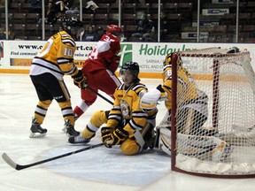 Sarnia Sting defenceman Jeff King found himself inside goaltender Brodie Barrick's crease during Sarnia's last match up with the Sault Ste. Marie Greyhounds on Nov. 1. The Sting head to the Soo on Friday night to try and keep momentum from a three game win streak going. SHAUN BISSON/THE OBSERVER/QMI AGENCY