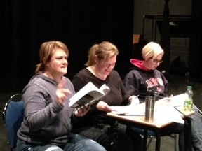 Horizon Players actors, Erin Forwick-Whalley (left), Julie Sinclair, Sarah Van Tassel rehearse their lines in preparation of Marion Bridge’s opening night, Nov. 27 at the Horizon Stage. - Photo Supplied
