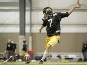 Tiger-Cats kicker Luca Congi practises indoors on Friday. (Lyle Aspinall/QMI Agency)