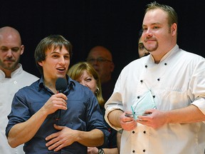 Carlos Oliveira, left, and Chef Joshua Clausen of The Thirsty Golfer (Tillsonburg) accept the People's Choice Award in Friday's Battle of the Hors D'Oeuvres, a fundraiser for Big Brothers Big Sisters of Ingersoll, Tillsonburg and Area fundraiser, which combined with the Bid for Kids Sake Charity Auction, annually raises thousands of dollars for the organization. CHRIS ABBOTT/TILLSONBURG NEWS
