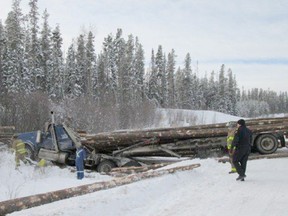 Snow and ice-covered roads led to a single vehicle collision on Nov. 20 when a logging truck went into a ditch trapping the driver within the vehicle’s cab. Oilfield and logging industry workers in the area helped to free the man and provide first aid until an ambulance arrived.