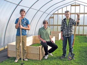 Students at Mitchell District High School (MDHS) recently finished building a new greenhouse on the school property. The non-permanent structure will be used for various courses. Grade 10 students Patrick Linton (left), Colin O’Dwyer (seated) and Matthew Leonhardt helped build the wooden planter boxes as part of the woodshop class at MDHS. KRISTINE JEAN/MITCHELL ADVOCATE