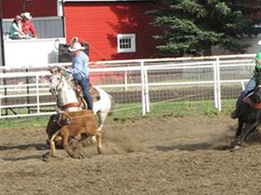 Steve Oldenburg (right) on his horse Magpie, team roping at the Vermilion Fair with his partner Darwin Ullery.