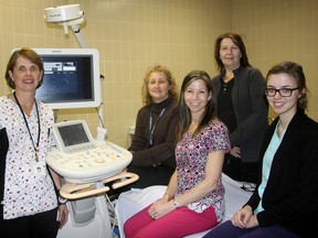 From left, Ultrasound Technician Annette Thournout, Diagnostics Imaging Service Coordinator Lorelei Thompson, Ultrasound Technician Sandy Whitford, Ultrasound Technician Julie Fulop and ultrasound student Chelsea Haycock are thrilled with new 4D technology available at Tillsonburg District Memorial Hospital. 'Four D' allows for surface rendering on moving objects. Jeff Tribe/Tillsonburg News