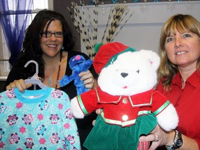 Kelly Spencer (left) and Tamara Bull are spearheading the Power of Hope's Six Weeks of Hope Campaign in Tillsonburg. The effort hopes to collect 500 pairs of pyjamas and teddy bears for children of all ages passing through the DASO's women's shelter annually. Jeff Tribe/Tillsonburg News