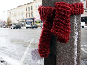 Scarves were tied around light posts and trees in downtown Tillsonburg Tuesday morning to raise awareness about HIV/AIDs. Jeff Tribe/Tillsonburg News