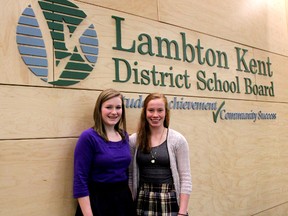 Emily Schaefer (right) thought of the idea to have all schools in the Lambton Kent District School Board fundraise together to help education in a third world country. Schaefer along with Kristen Dawson presented the idea at a LKDSB meeting on Tuesday. (MELANIE ANDERSON, The Observer)