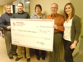 The Lucknow Kinsmen Club and Dungannon Tractor Pullers presented the Wingham & District Hospital Foundation with a donation of $10,000 on Nov. 20, 2013. The money was raised from this year's events. L-R: Ian Montgomery, WDH Foundation Director; Conor McDonagh, Lucknow Kinsmen; Debbie Gammie, Radiothon Chair 2013; Russ Taylor, WDH Foundation Chair; Nicole Duquette, WDH Foundation Coordinator.