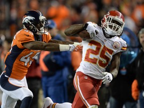 Denver Broncos cornerback Dominique Rodgers-Cromartie (45) saves a touchdown by pushing Kansas City Chiefs running back Jamaal Charles (25) out of bounds earlier this year. (Ron Chenoy-USA TODAY Sports)