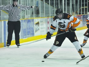 PCI Trojans defenceman-turned-forward Cody Palmer rips a slapshot during the Trojans' game against Morden Nov. 28. (Kevin Hirschfield/THE GRAPHIC/QMI AGENCY).